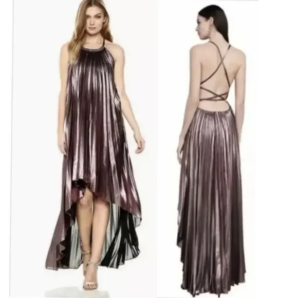 BCBG MAXAZRIA VALARIE Metallic Pleated Halter Gown Hi-Low Dress Size M NWT $368 - Picture 1 of 11